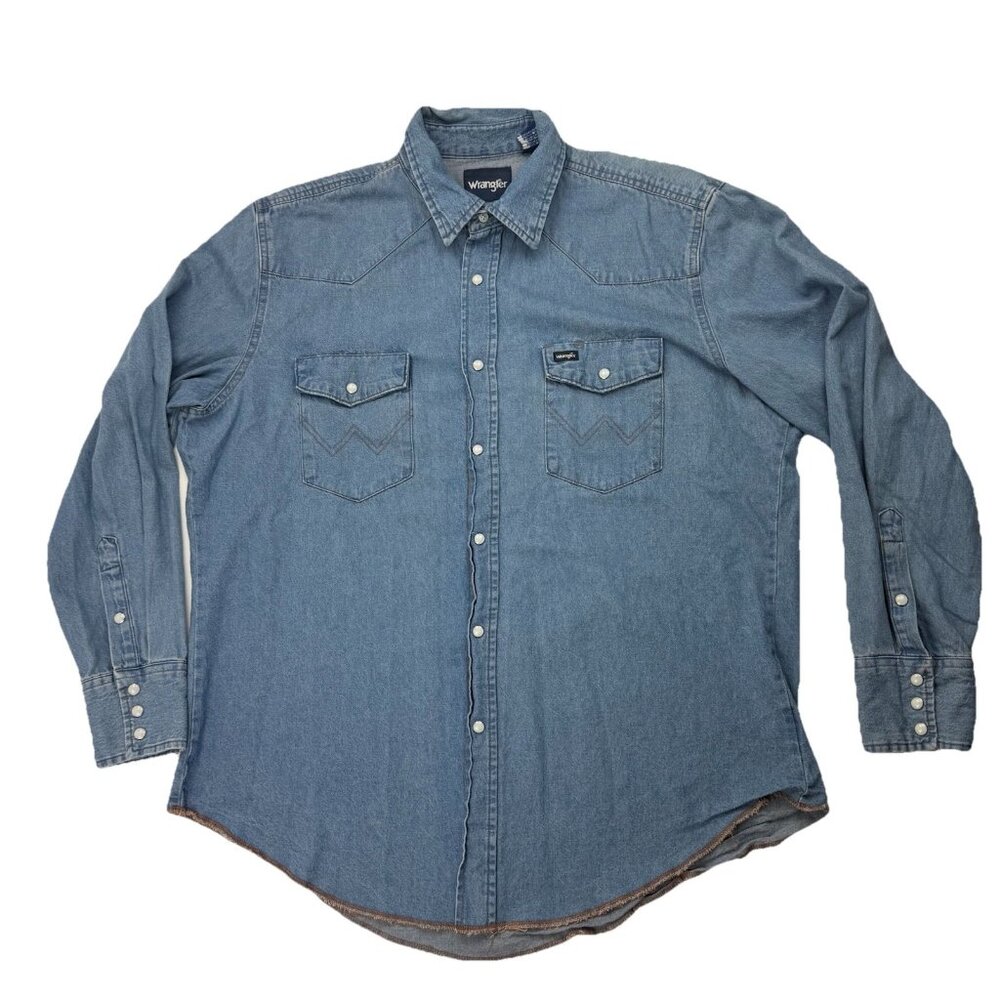 Wrangler Mens XL Blue Denim Pearl Snap Long Sleeve Shirt Rodeo Cowboy